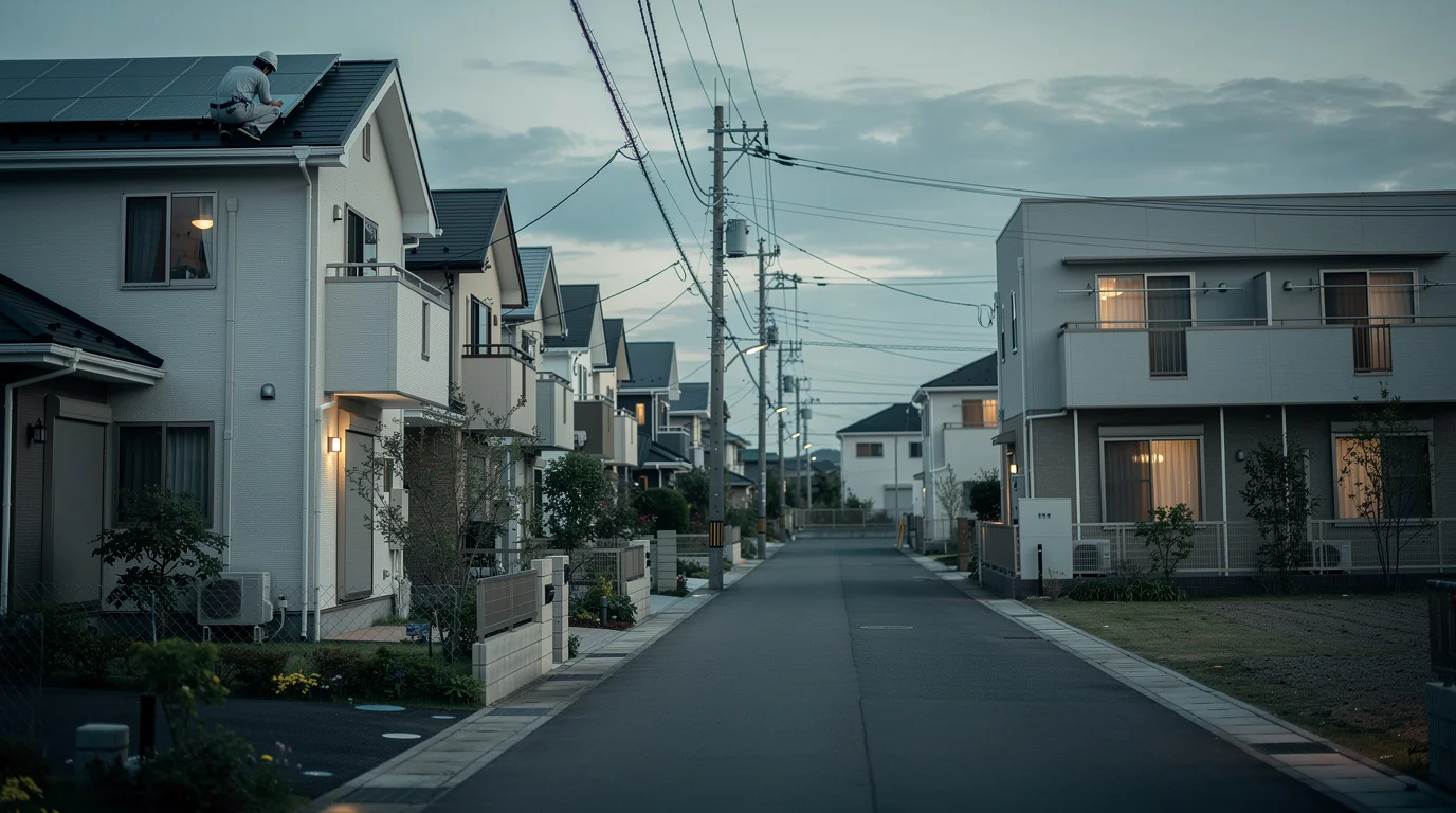 夕暮れの住宅街と屋根の太陽光メンテナンスを想起させる写真