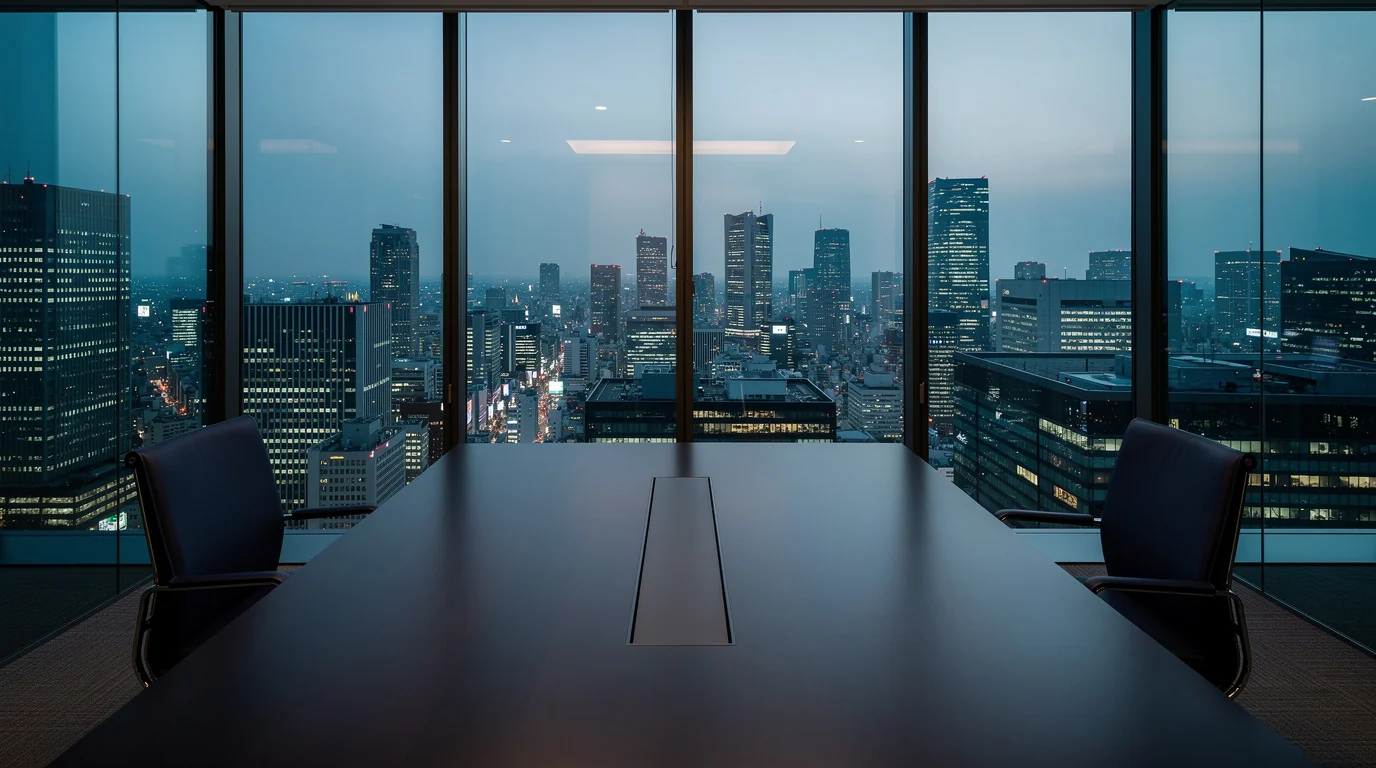 高層階の会議室から望む夕暮れの東京スカイラインの写真
