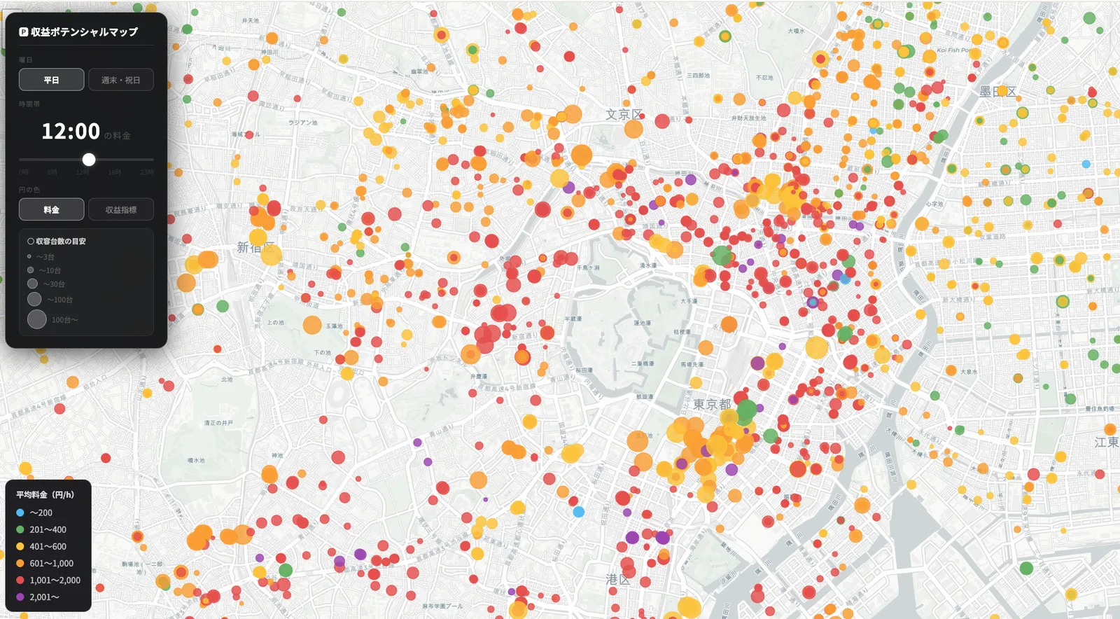 コインパーキングの収益ポテンシャルマップ。台数×料金の収益指標を地図上にプロットしたもの